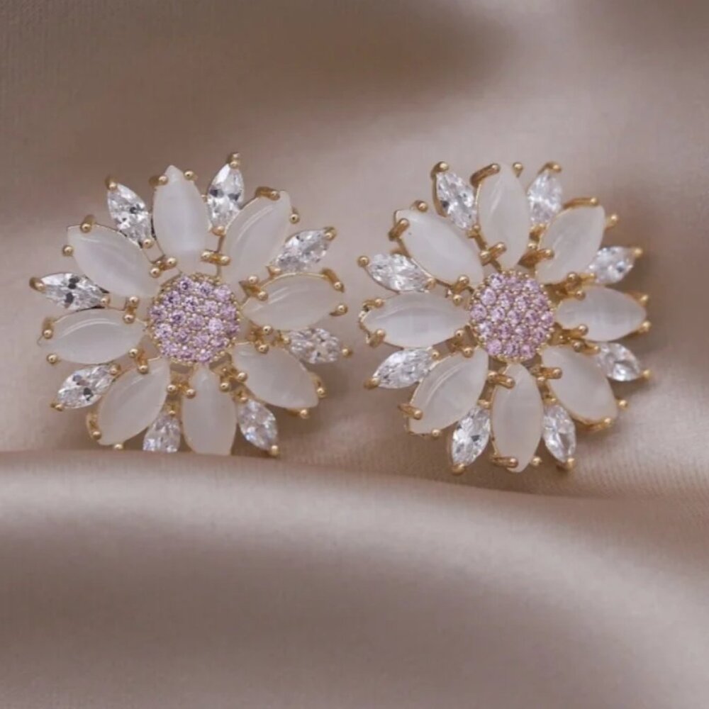 FLORAL CZ GOLD ROUND EARRINGS - Picture 4 of 6
